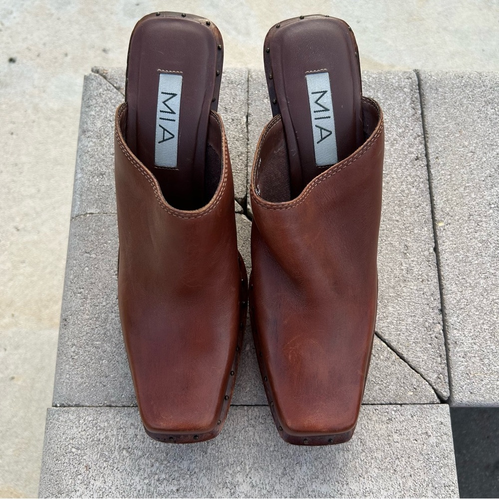 MIA Wooden Leather Studded Platform Heel Mule Clog Shoes Brown 10 - Picture 5 of 16